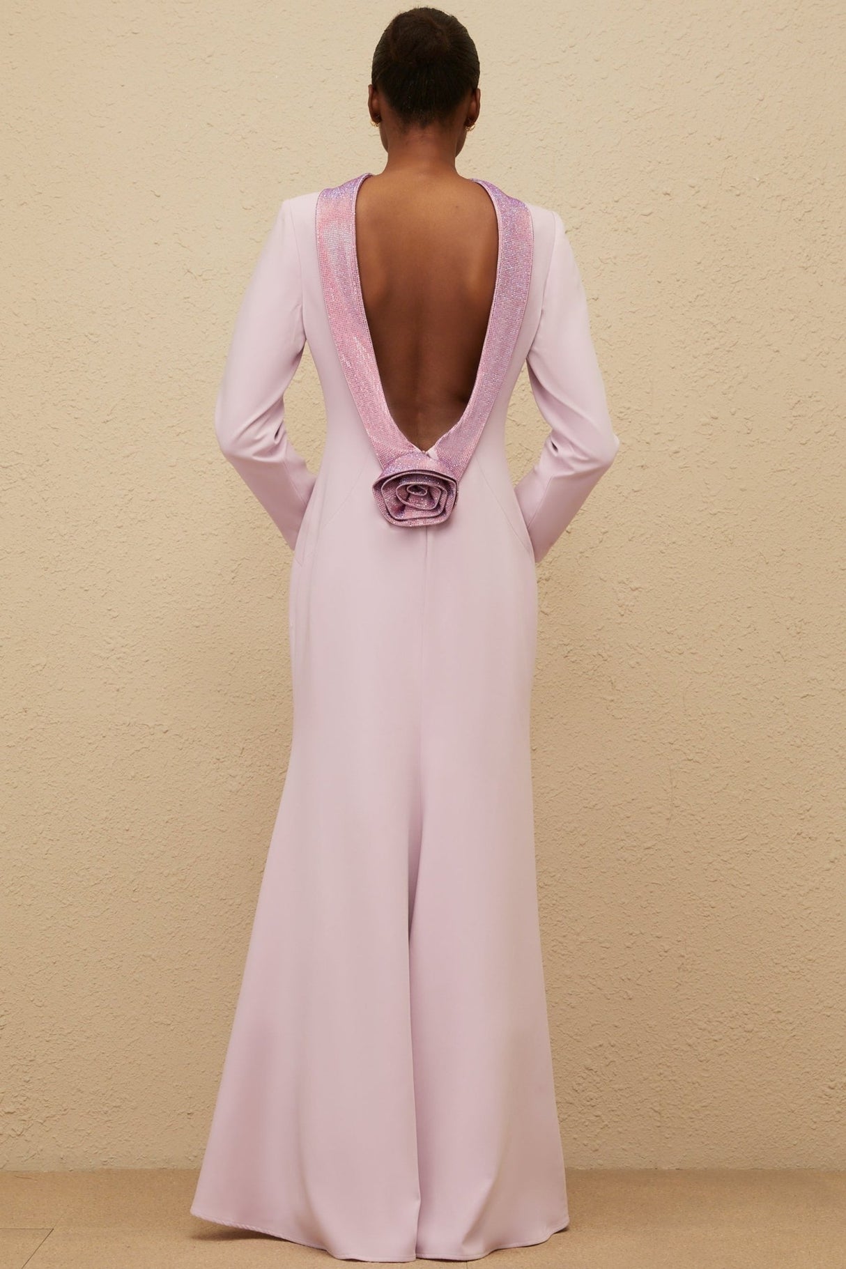 Ella Gown - Mock Neck - Open Back - Faux - Flower Detailing - Rhinestone Embellishment - Flared Hem