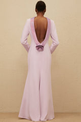 Ella Gown - Mock Neck - Open Back - Faux - Flower Detailing - Rhinestone Embellishment - Flared Hem