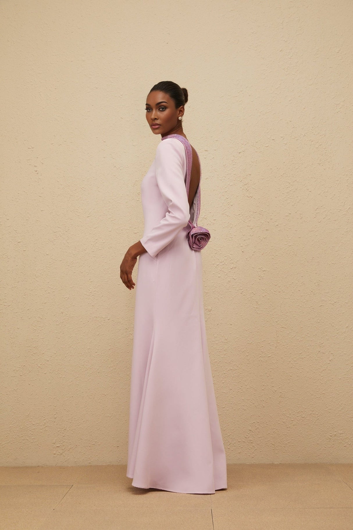 Ella Gown - Mock Neck - Open Back - Faux - Flower Detailing - Rhinestone Embellishment - Flared Hem