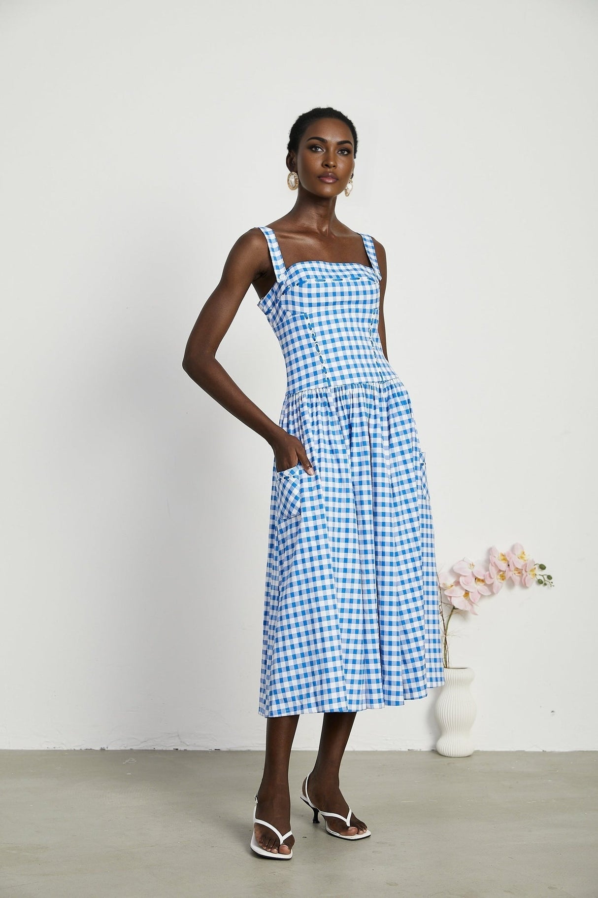 Ella Midi Dress - Square Neck - Gingham Print - Ribbon Detailing - Welt Pockets - Rear Zip