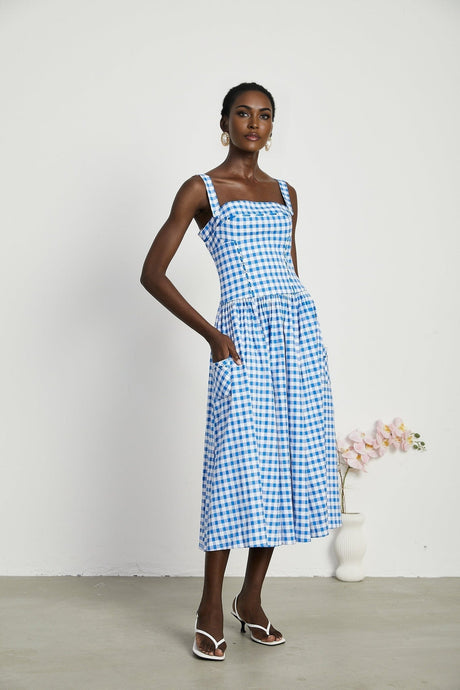 Ella Midi Dress - Square Neck - Gingham Print - Ribbon Detailing - Welt Pockets - Rear Zip
