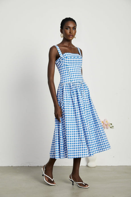 Ella Midi Dress - Square Neck - Gingham Print - Ribbon Detailing - Welt Pockets - Rear Zip
