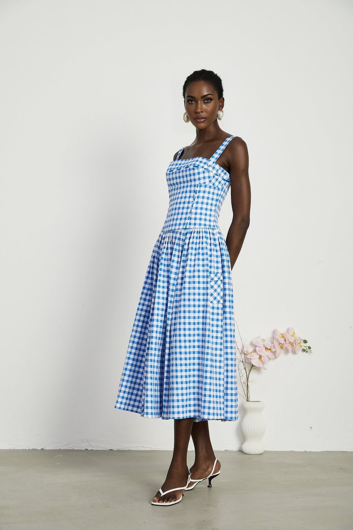Ella Midi Dress - Square Neck - Gingham Print - Ribbon Detailing - Welt Pockets - Rear Zip