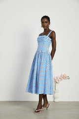 Ella Midi Dress - Square Neck - Gingham Print - Ribbon Detailing - Welt Pockets - Rear Zip