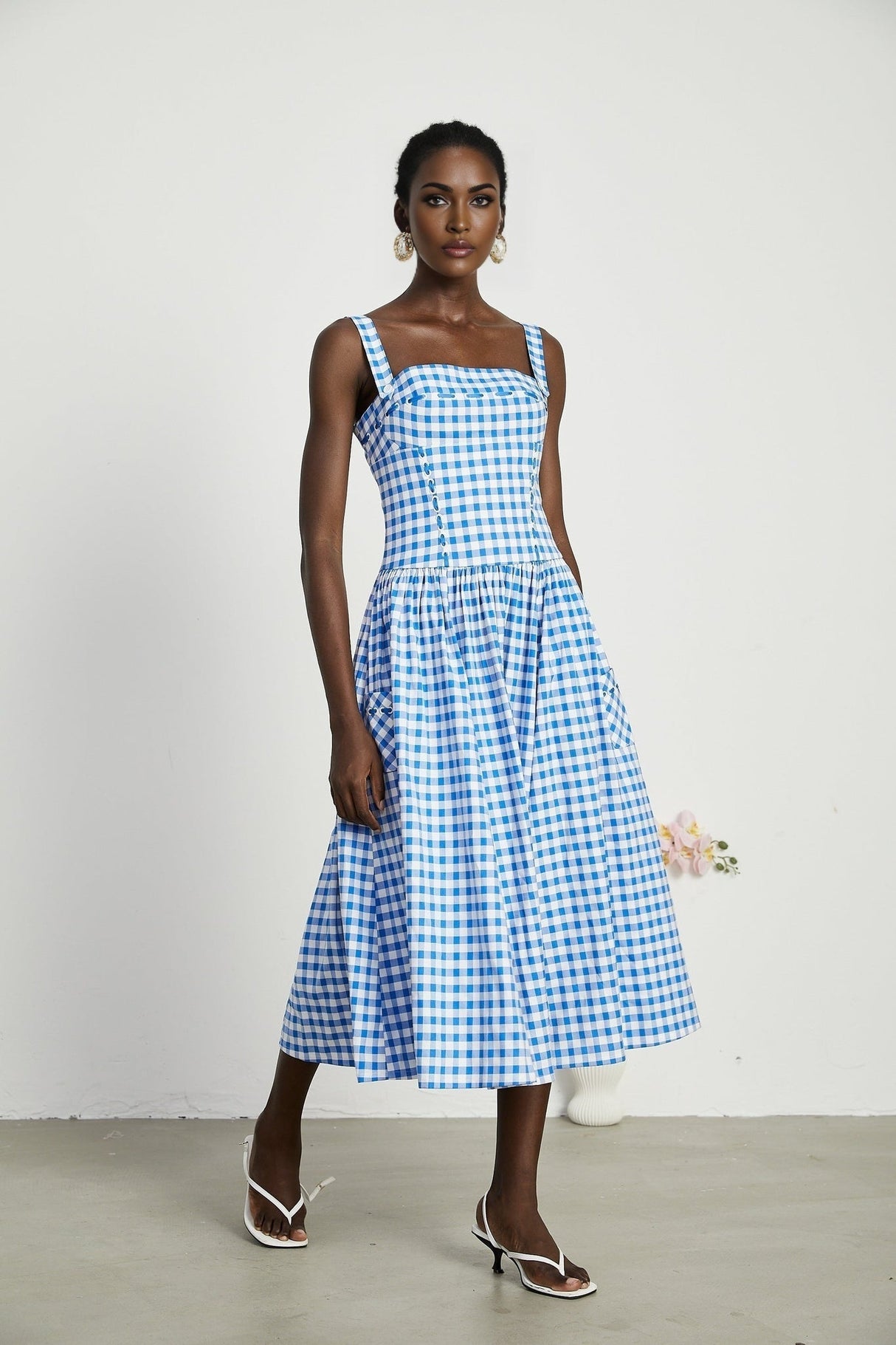 Ella Midi Dress - Square Neck - Gingham Print - Ribbon Detailing - Welt Pockets - Rear Zip