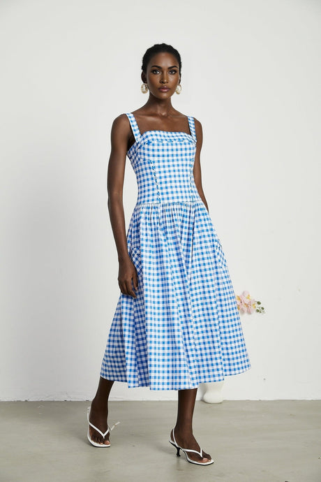 Ella Midi Dress - Square Neck - Gingham Print - Ribbon Detailing - Welt Pockets - Rear Zip