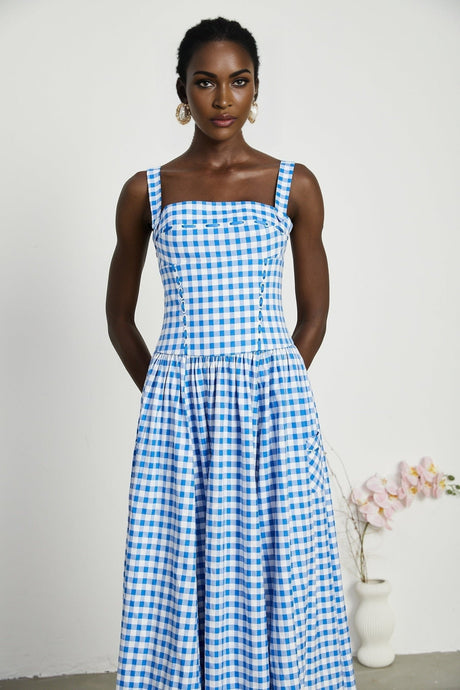 Ella Midi Dress - Square Neck - Gingham Print - Ribbon Detailing - Welt Pockets - Rear Zip
