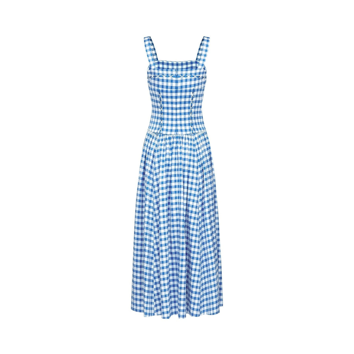 Ella Midi Dress - Square Neck - Gingham Print - Ribbon Detailing - Welt Pockets - Rear Zip