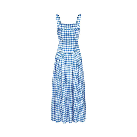 Ella Midi Dress - Square Neck - Gingham Print - Ribbon Detailing - Welt Pockets - Rear Zip