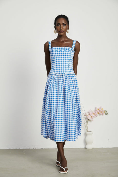 Ella Midi Dress - Square Neck - Gingham Print - Ribbon Detailing - Welt Pockets - Rear Zip