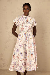 Ella Midi Dress White Floral Print Belted Slit Pockets & Buttons