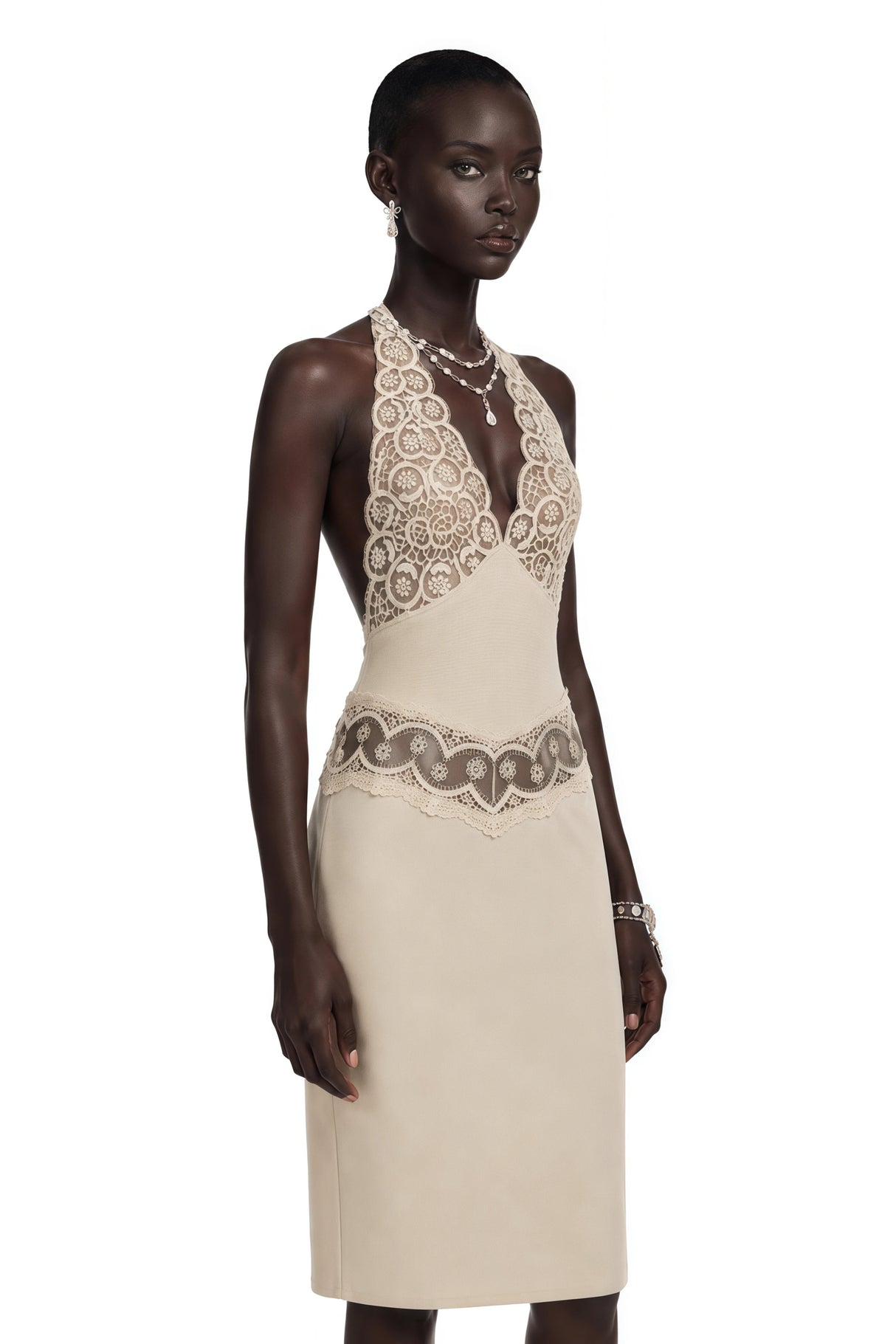 Ella Neutral Halterneck Lace Panel Mini Dress