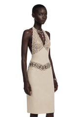 Ella Neutral Halterneck Lace Panel Mini Dress