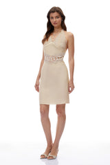 Ella Neutral Halterneck Lace Panel Mini Dress