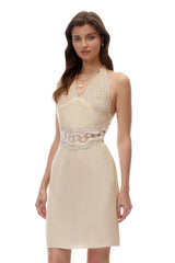 Ella Neutral Halterneck Lace Panel Mini Dress