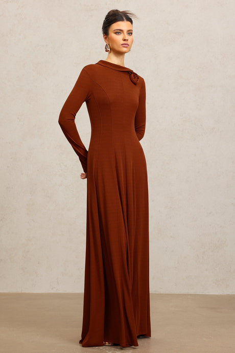 Ellie Brown Long Sleeve Maxi Dress with Floral Embellishment