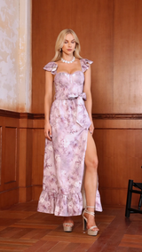 Ellie Lavender Floral Maxi Dress with Ruffles and Side Slit
