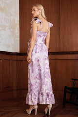 Ellie Lavender Floral Maxi Dress Strappy Ruffle Fitted Bodice Side Slit Elegant Chic Formal Casual
