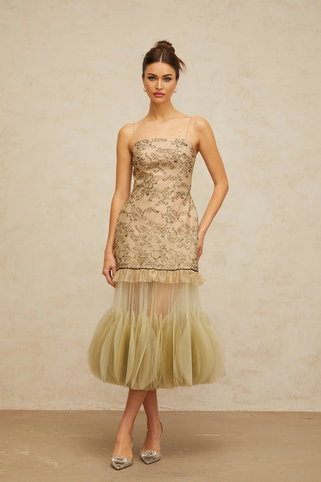 Ellie Midi Dress Green Embroidered Panels & Tulle Ruffles