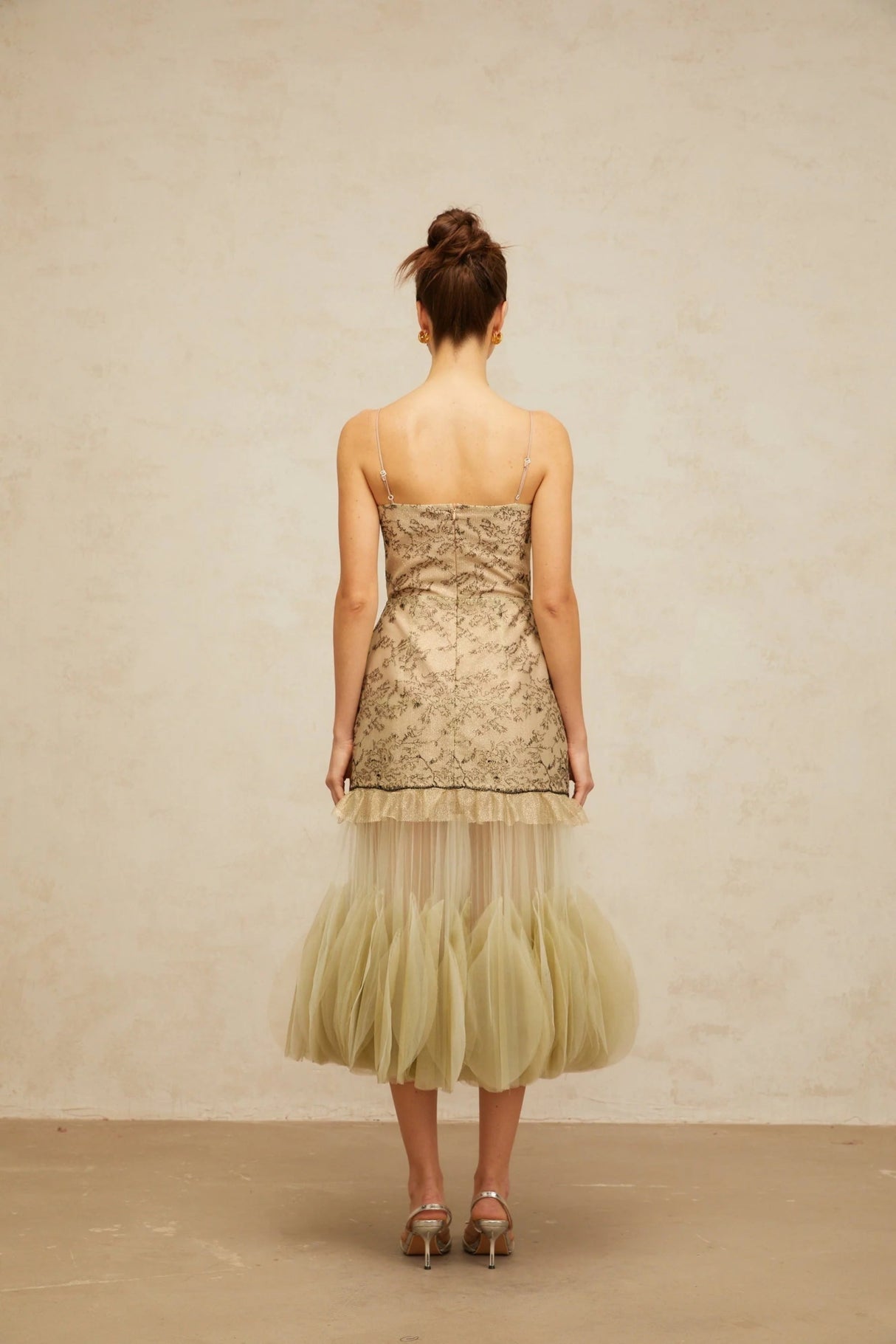 Ellie Midi Dress Green Embroidered Panels & Tulle Ruffles