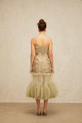Ellie Midi Dress Green Embroidered Panels & Tulle Ruffles