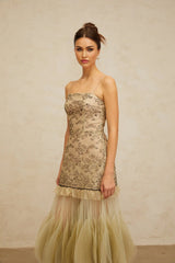 Ellie Midi Dress Green Embroidered Panels & Tulle Ruffles