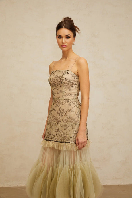 Ellie Midi Dress Green Embroidered Panels & Tulle Ruffles