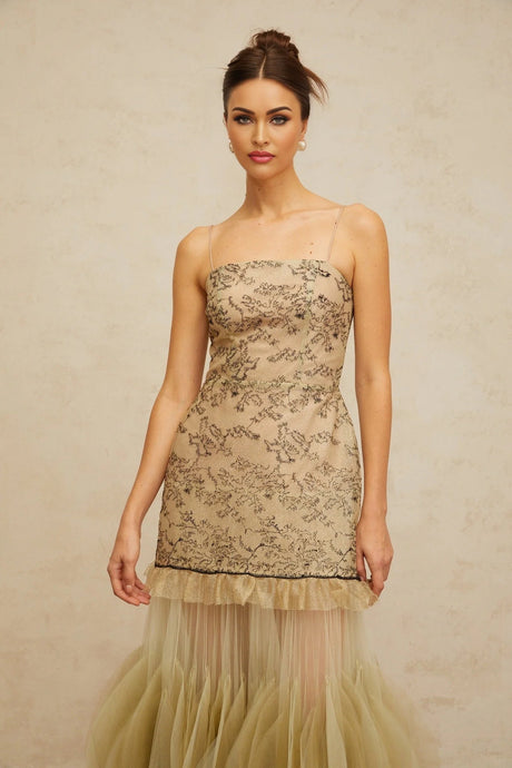 Ellie Midi Dress Green Embroidered Panels & Tulle Ruffles