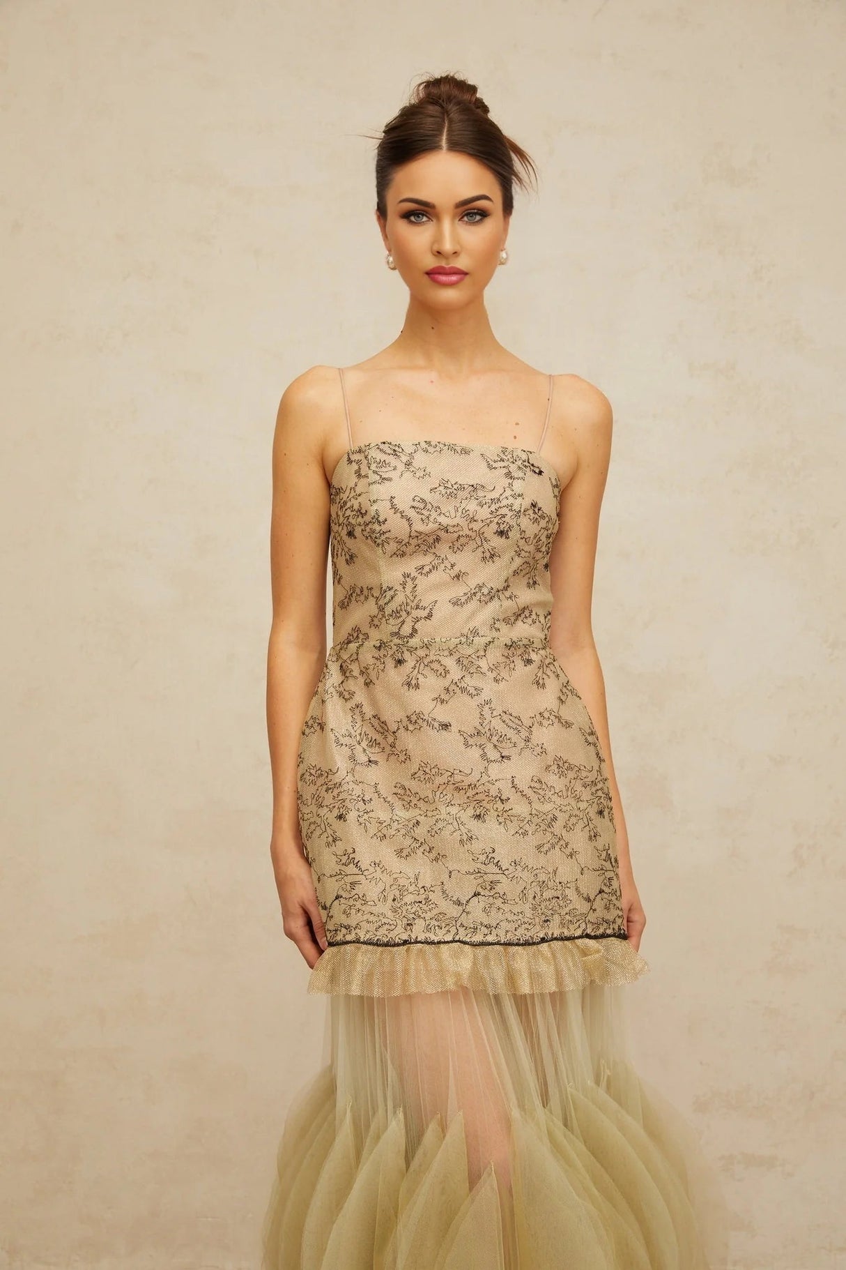 Ellie Midi Dress Green Embroidered Panels & Tulle Ruffles