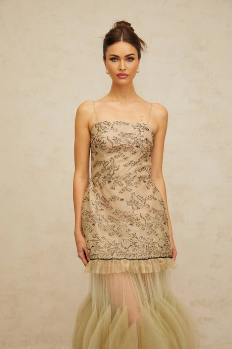 Ellie Midi Dress Green Embroidered Panels & Tulle Ruffles