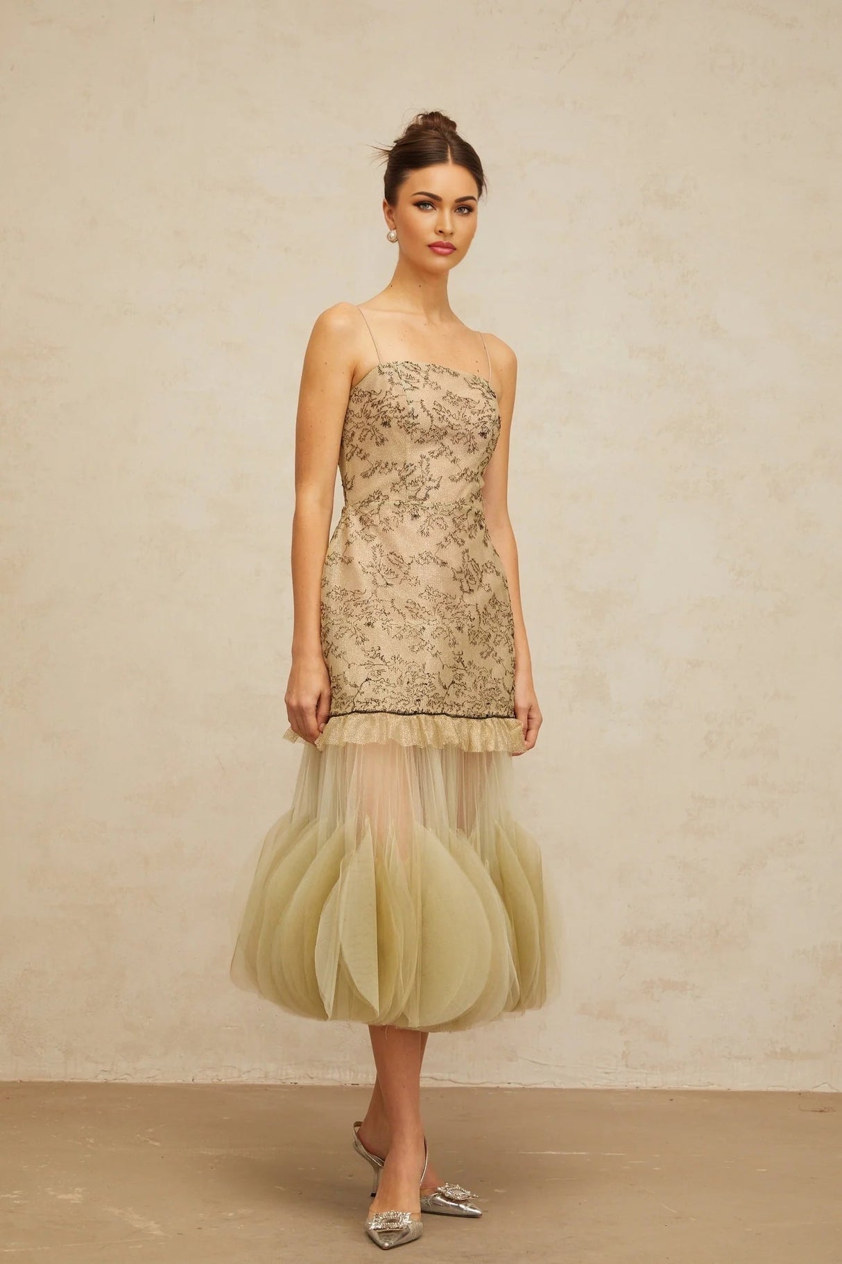 Ellie Midi Dress Green Embroidered Panels & Tulle Ruffles