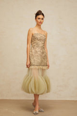 Ellie Midi Dress Green Embroidered Panels & Tulle Ruffles