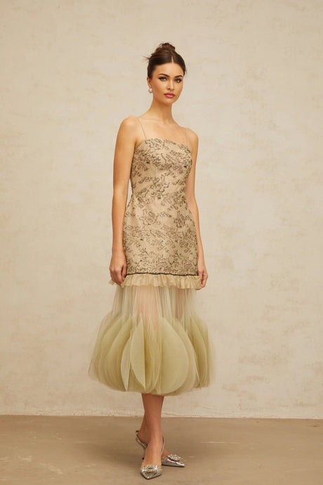 Ellie Midi Dress Green Embroidered Panels & Tulle Ruffles