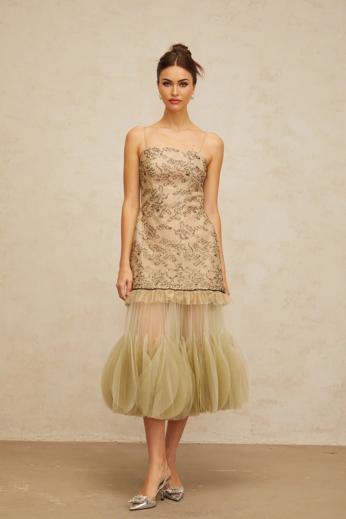 Ellie Midi Dress Green Embroidered Panels & Tulle Ruffles