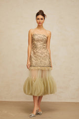 Ellie Midi Dress Green Embroidered Panels & Tulle Ruffles