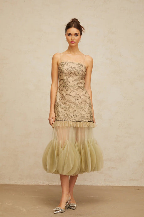 Ellie Midi Dress Green Embroidered Panels & Tulle Ruffles