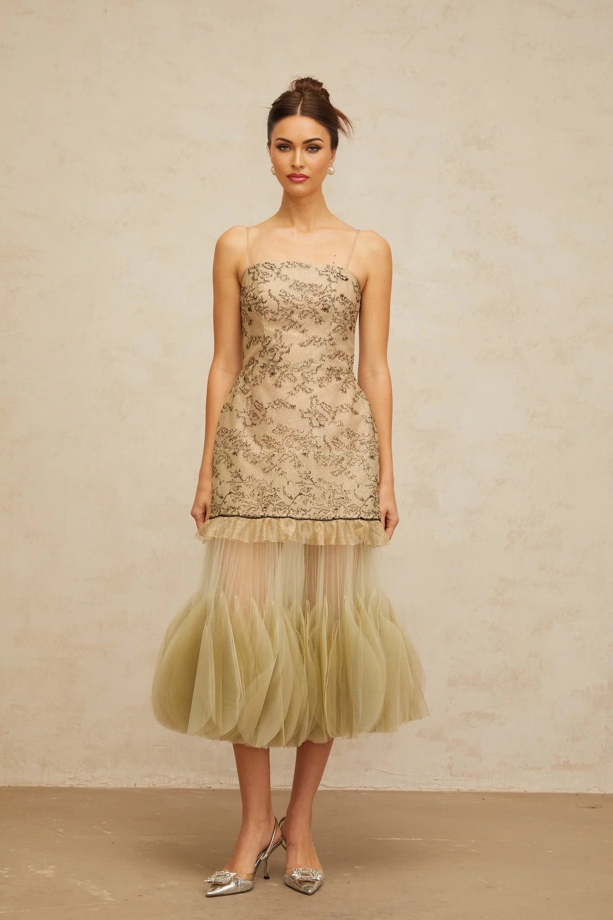 Ellie Midi Dress Green Embroidered Panels & Tulle Ruffles