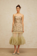 Ellie Midi Dress Green Embroidered Panels & Tulle Ruffles