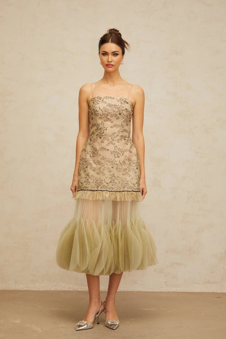 Ellie Midi Dress Green Embroidered Panels & Tulle Ruffles