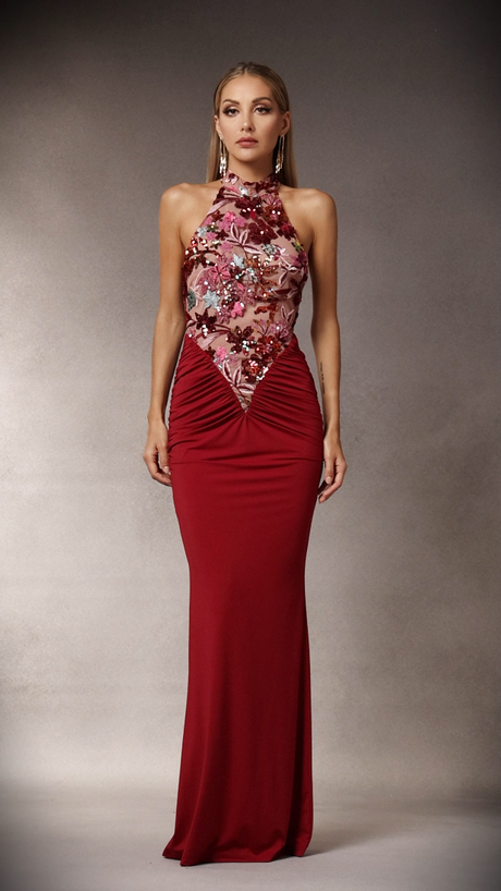 Ellie Red Floral Sequins Halter Maxi Dress