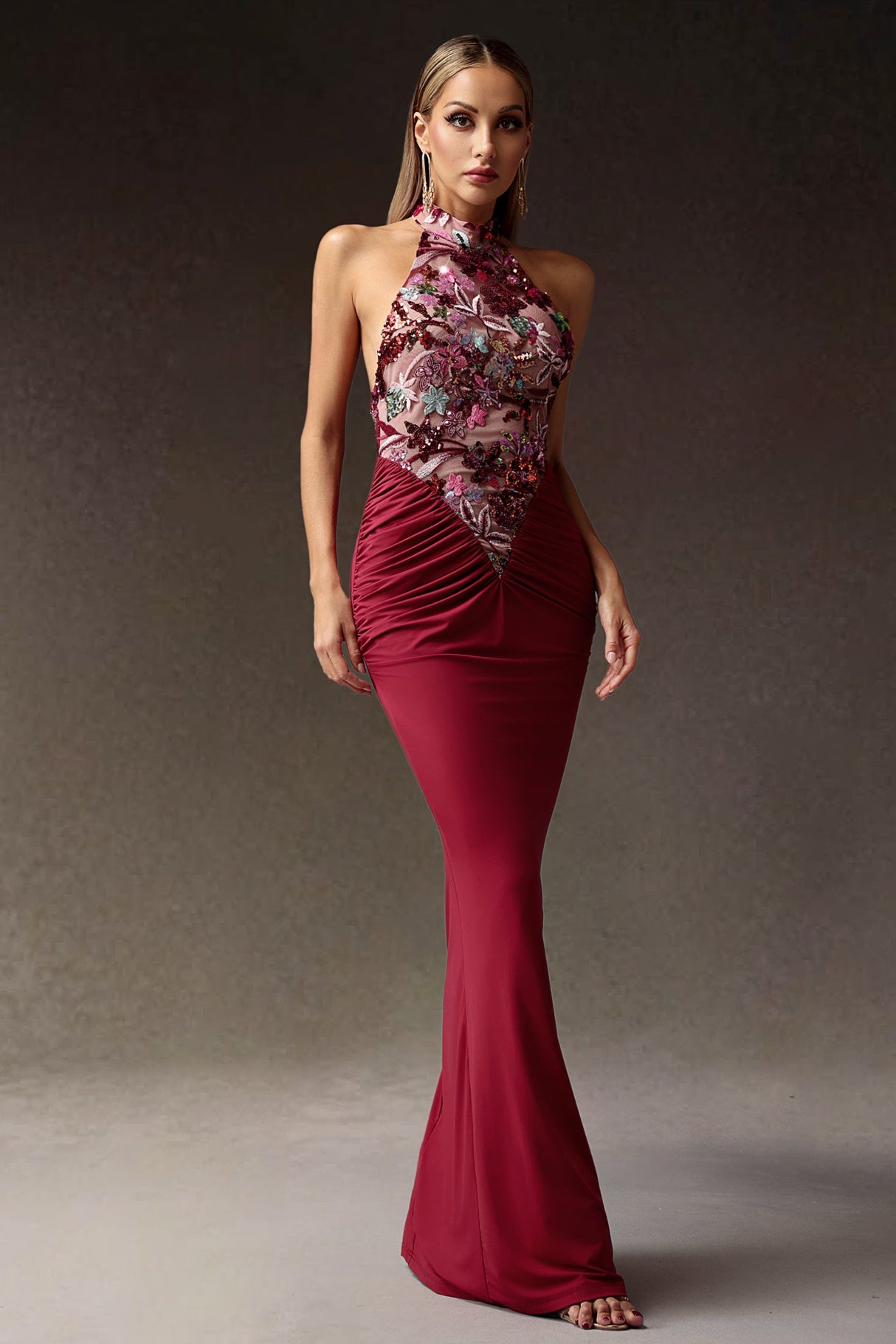Ellie Red Floral Sequins Halter Maxi Dress