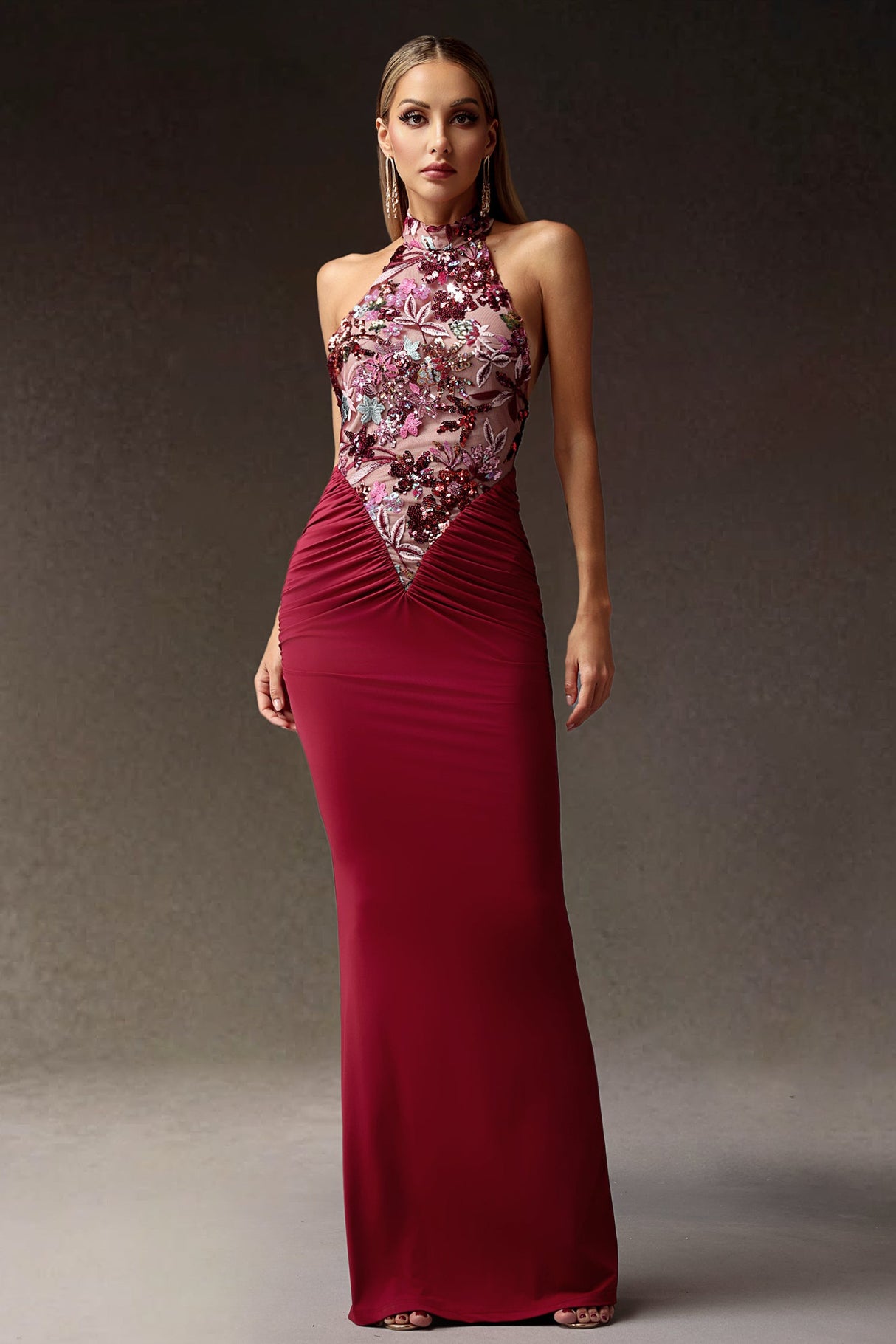 Ellie Red Floral Sequins Maxi Dress