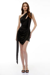 Élodie Black One Shoulder Ribbon Mini Dress