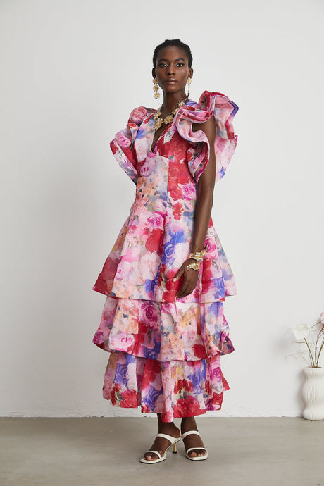 Élodie floralprint ruffled gown