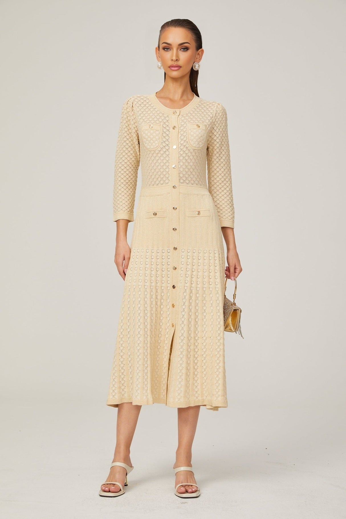 Élodie knitted longsleeve midi dress in Neutrals