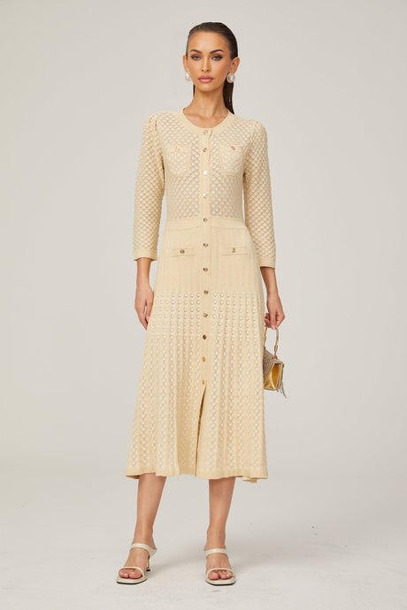 Élodie knitted longsleeve midi dress in Neutrals