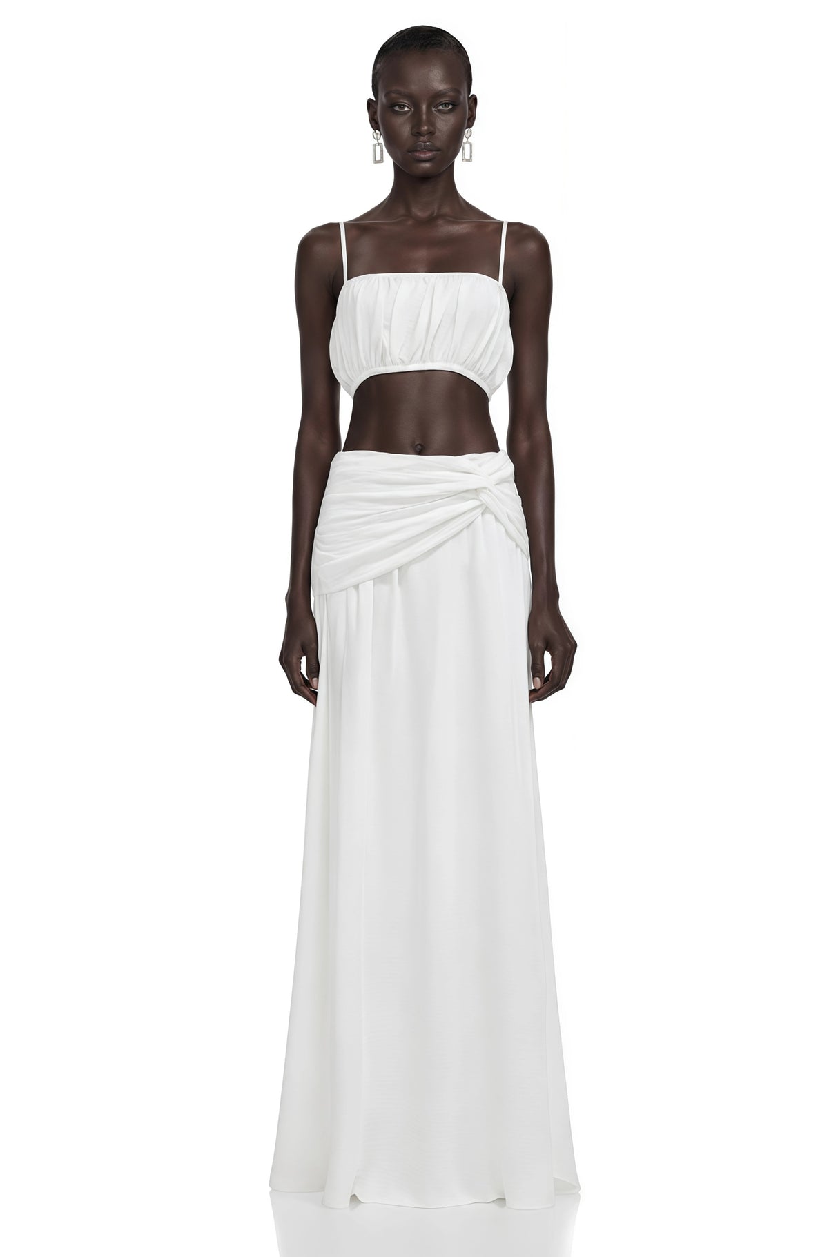 Elodie White Ruched Crop Top  Draped Skirt Set