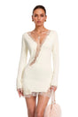 Eloisa White Plunging Lace Trim Long Sleeves Mini Dress