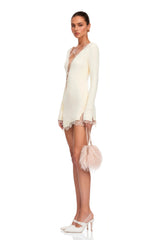 Eloisa White Plunging Lace Trim Long Sleeves Mini Dress