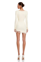 Eloisa White Plunging Lace Trim Long Sleeves Mini Dress